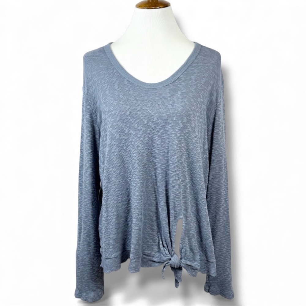 Anthropologie Blue Side Tie Knot Waist Long Sleeve Slub Knit Thermal Top L